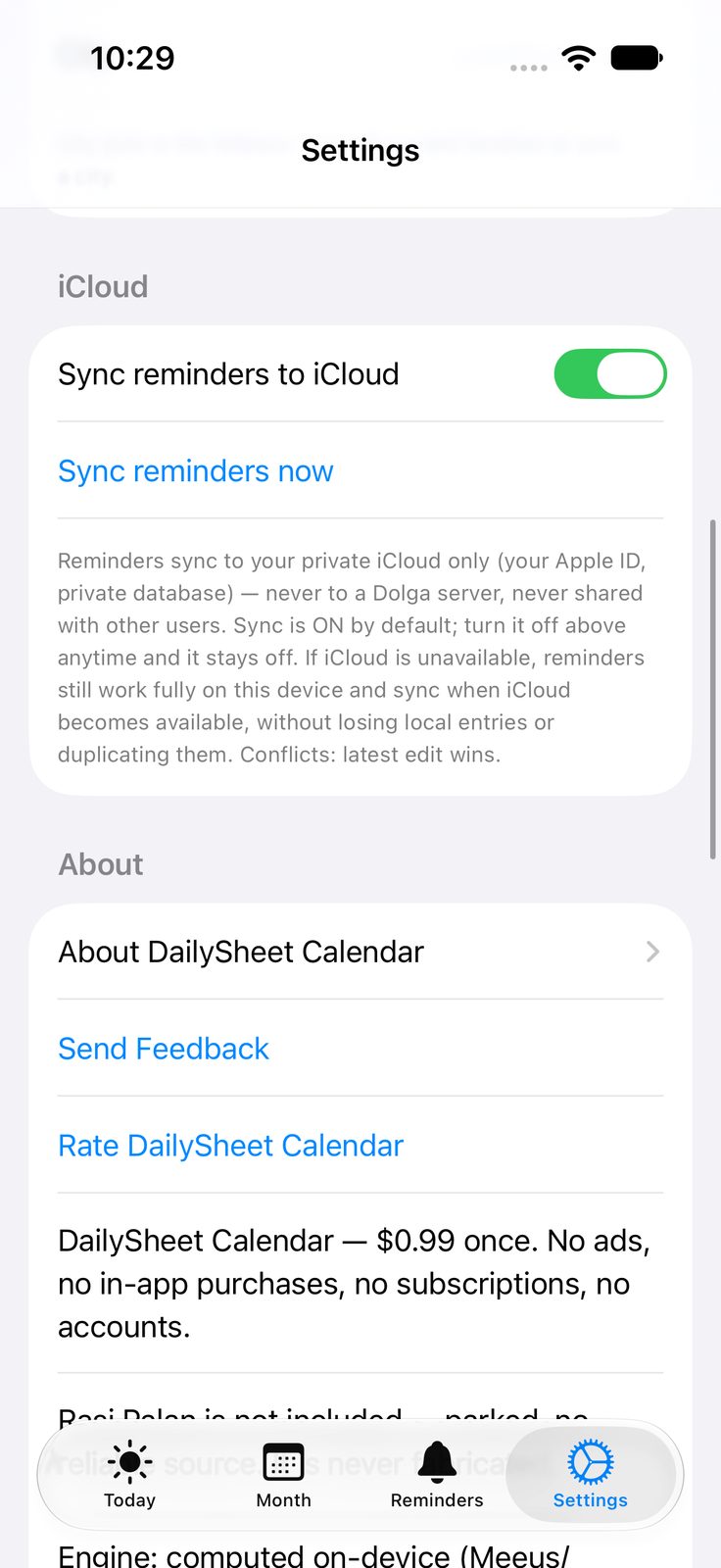 DailySheet Calendar — settings